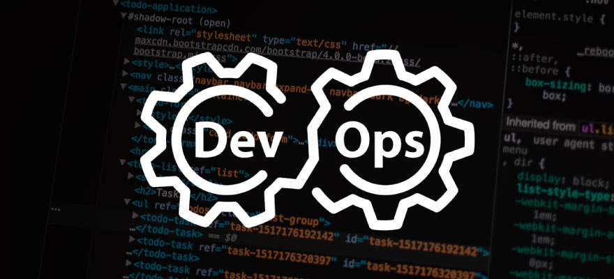 a computer screen image with system codes and two gears with the word "devops" simulating their work