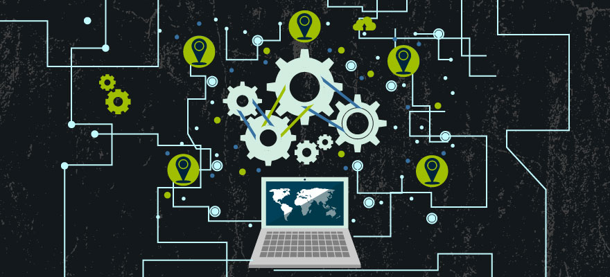 connections linked to a computer with the world map on the screen and gears on top giving the direction of operation