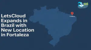A modern cloud data center setup in Fortaleza, Brazil, with professionals and a vibrant city backdrop.