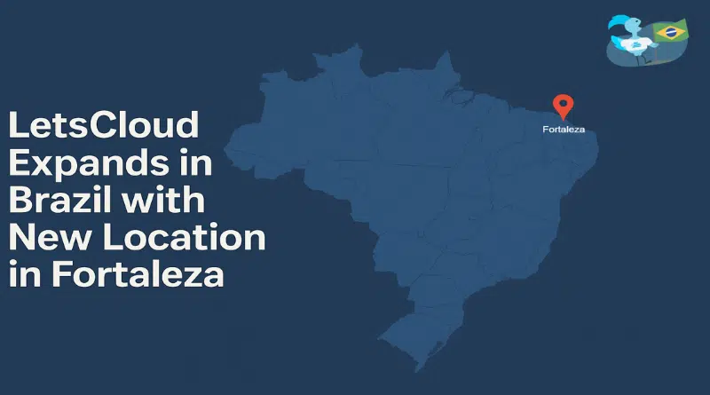 A modern cloud data center setup in Fortaleza, Brazil, with professionals and a vibrant city backdrop.