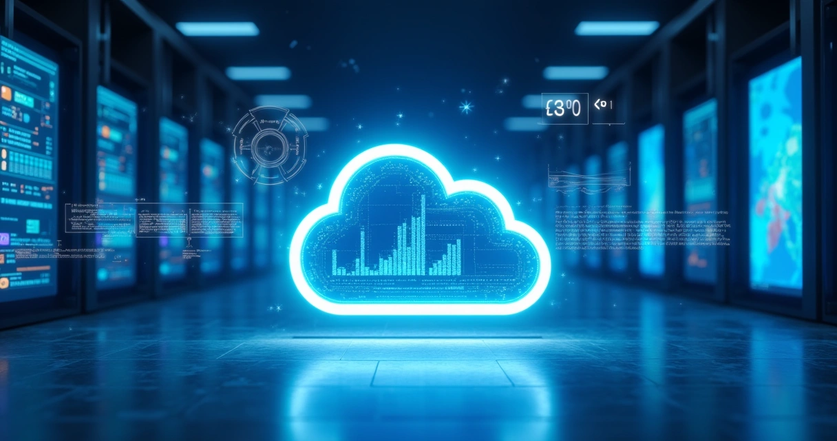 Futuristic cloud server room with illuminated cloud icon, digital screens, and vibrant technology.