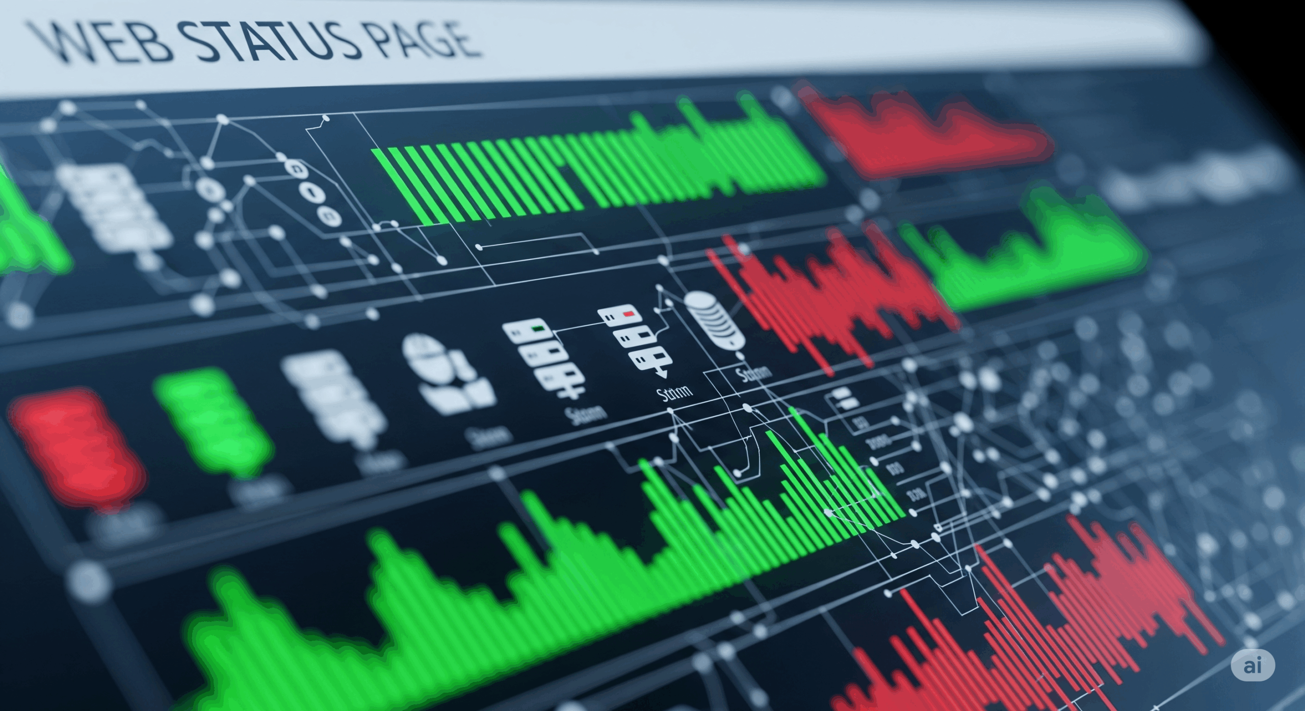 Exibição digital de uma página de status da web, com gráficos flutuantes verdes e vermelhos que indicam o desempenho do sistema, ao lado de ícones de diversos componentes de serviço.