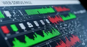 Exibição digital de uma página de status da web, com gráficos flutuantes verdes e vermelhos que indicam o desempenho do sistema, ao lado de ícones de diversos componentes de serviço.