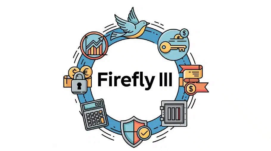 Financial management icons framing the text "Firefly III".