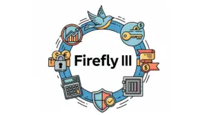 Ícones de gestão financeira emoldurando o texto "Firefly III".