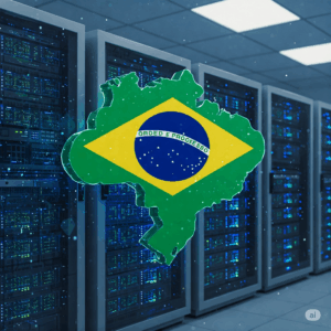 Servidores de cloud computing em um data center no Brasil, com o mapa do Brasil sobreposto e a bandeira brasileira.