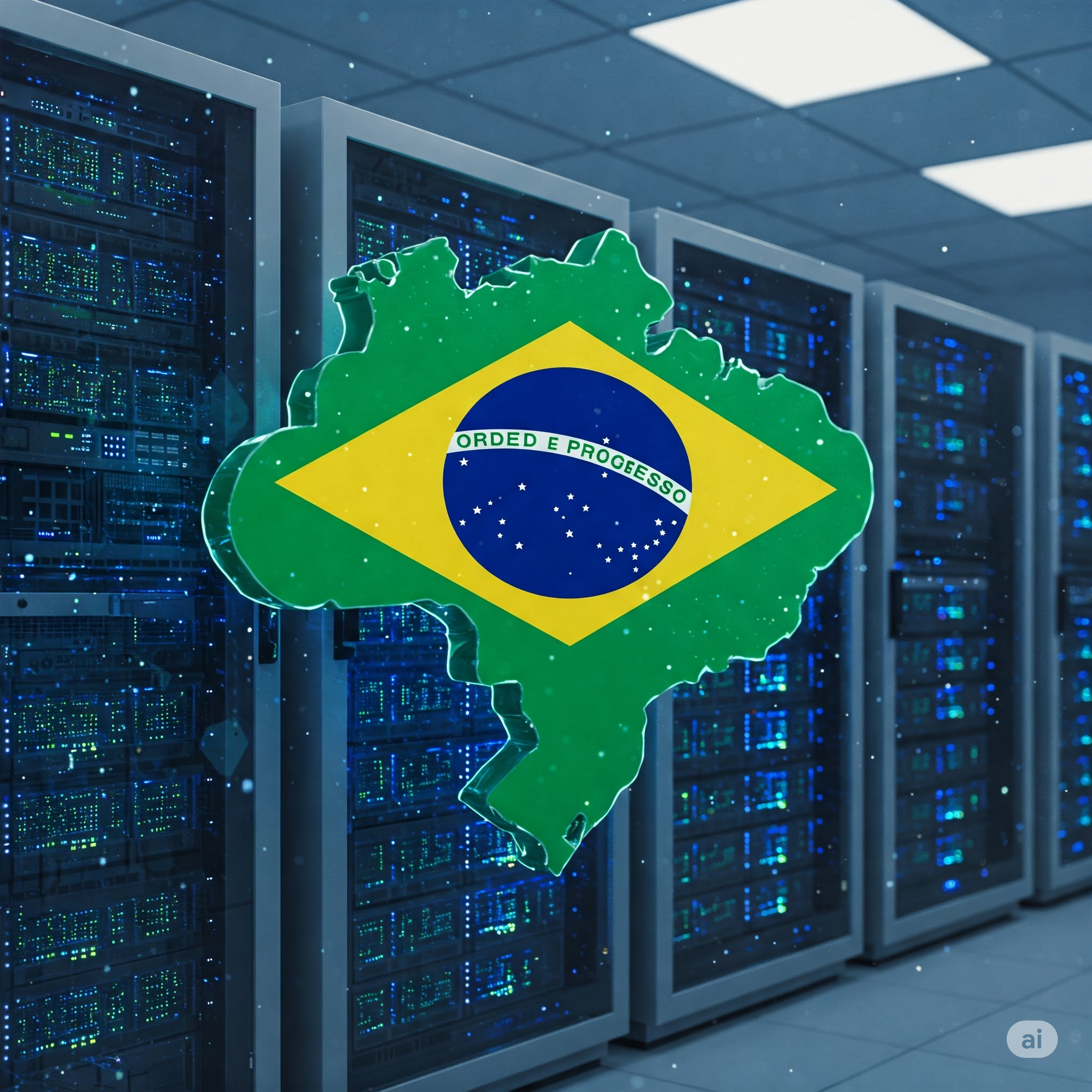 Servidores de cloud computing em um data center no Brasil, com o mapa do Brasil sobreposto e a bandeira brasileira.