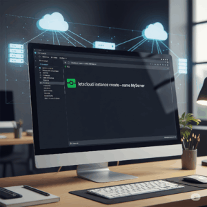 Computador em uma mesa de desenvolvedor mostrando a interface de linha de comando (CLI) com o comando 'letscloud instance create --name MyServer' para gerenciar a infraestrutura em nuvem