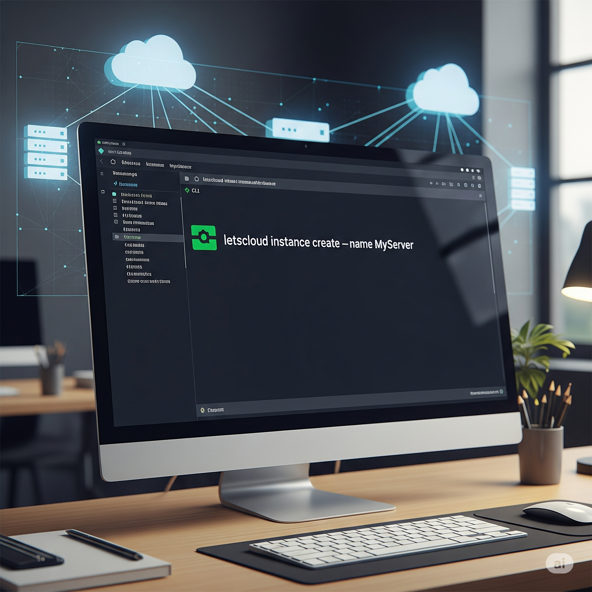 Computador em uma mesa de desenvolvedor mostrando a interface de linha de comando (CLI) com o comando 'letscloud instance create --name MyServer' para gerenciar a infraestrutura em nuvem