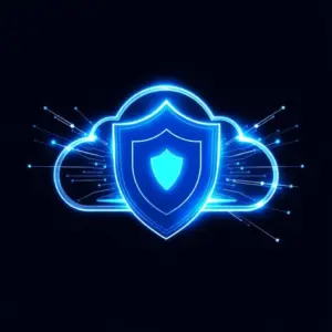 Neon blue shield in front of cloud icon representing secure cloud VPN connection