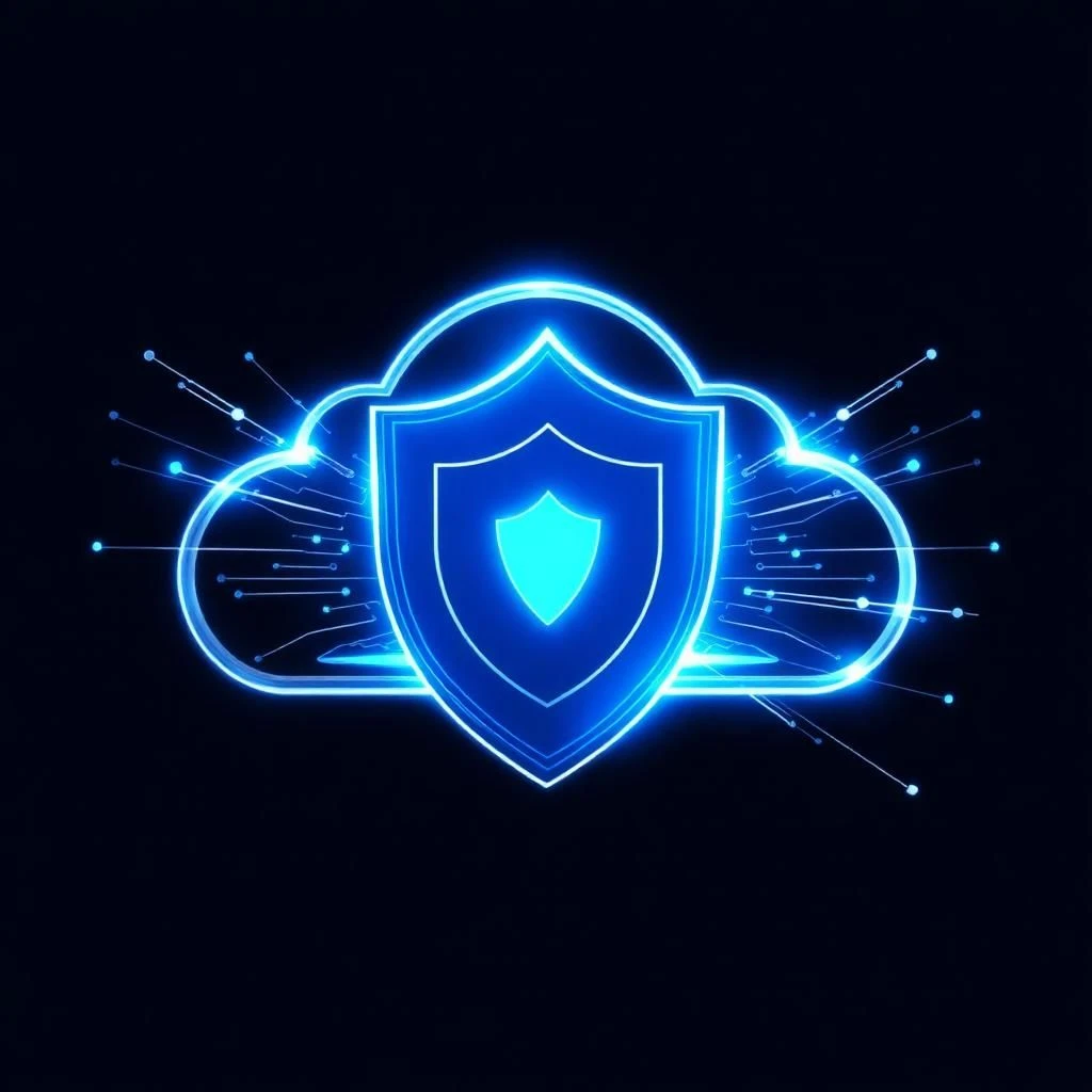 Neon blue shield in front of cloud icon representing secure cloud VPN connection