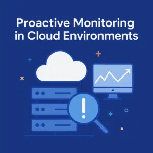 Flat-design banner with cloud, performance graph, and gear icons representing proactive monitoring in cloud environments.