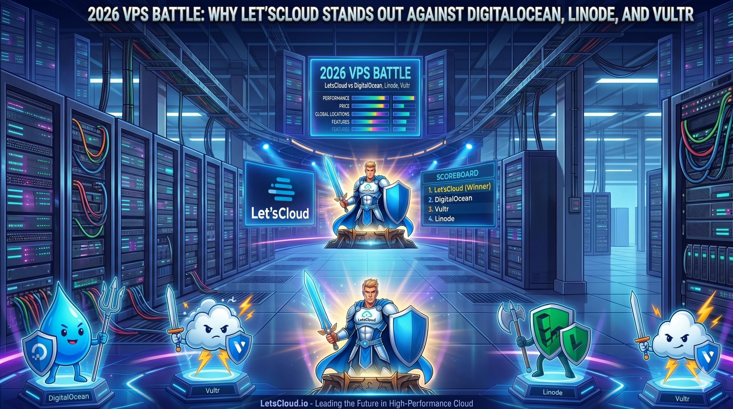 2026 VPS battle comparison showing LetsCloud outperforming DigitalOcean, Linode, and Vultr in a high-performance cloud infrastructure environment
