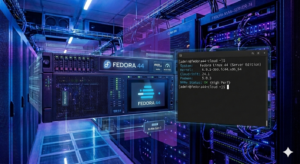 Servidor Fedora 44 rodando em ambiente cloud com armazenamento NVMe e interface de terminal em data center moderno