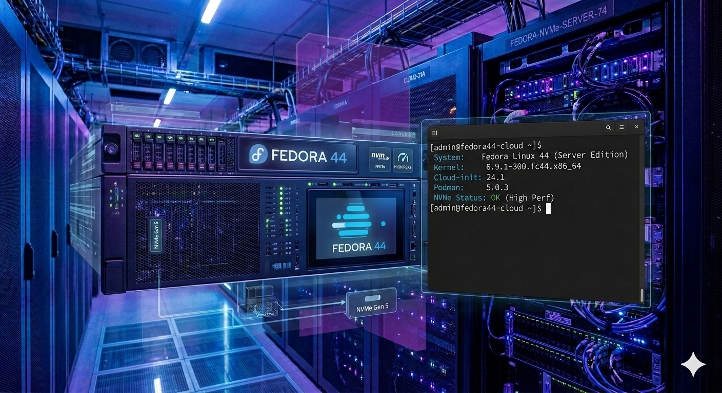 Servidor Fedora 44 rodando em ambiente cloud com armazenamento NVMe e interface de terminal em data center moderno
