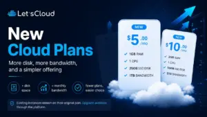 New LetsCloud Cloud plans with more disk space, increased monthly bandwidth, and configurations starting at $5 per month.